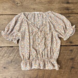 Sienna‎ Sky Boho Puff Sleeve Ruched Blouse Flowers Crop Top Bow Short Sleeve